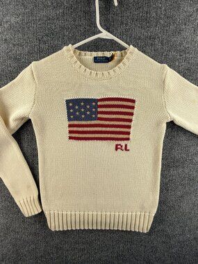 Polo Ralph Lauren QR USA Flag Sweater Graphic XS Ivory Womens Cotton Pullover